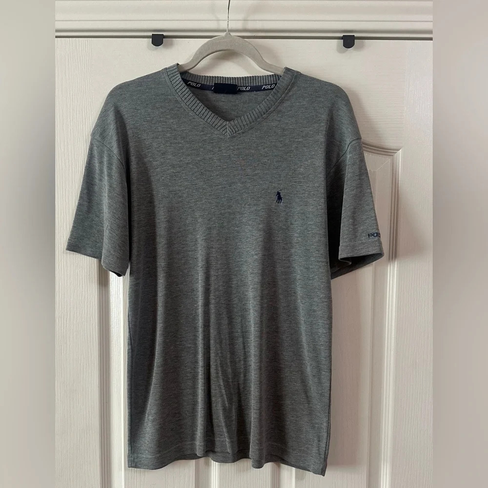 Polo By Ralph Lauren Gray V Neck Logo Short Sleeve Shirt. Size XL.